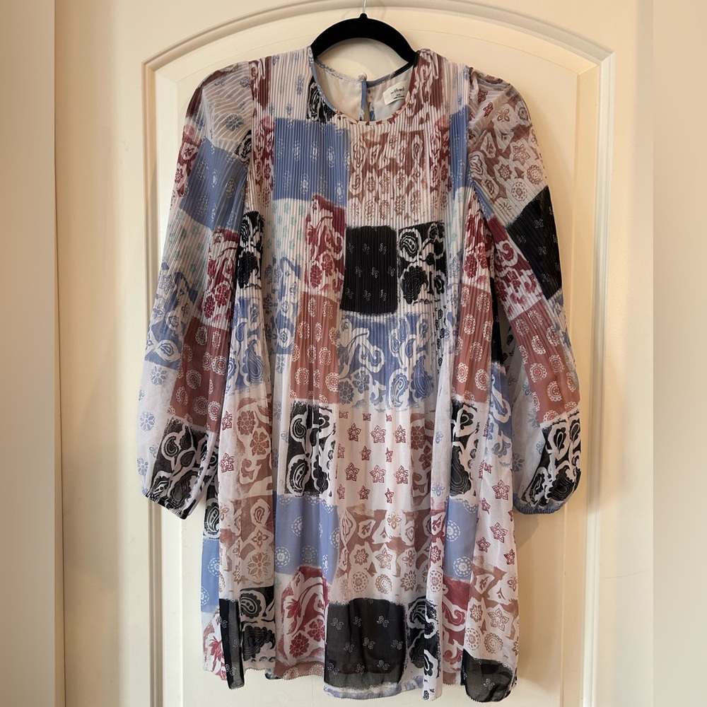 Aritzia Wilfred Daydreamer Mini Dress Pleated Patchwork 2XS Sheer Long Sleeve